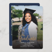 ネイビーブルースクリプト5写真卒業 案内状 (正面/裏面)