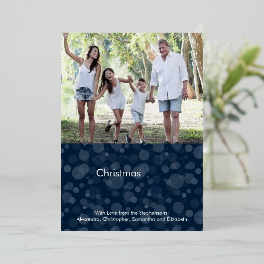 ネイビーブルースクリプト《写真》ぼけ味メリークリスマスフォト 箔シーズンカード (立ち正面)