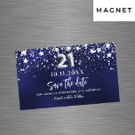 ネイビーブルースターズ21st birthday Save the Date magnet<br><div class="desc">21歳モダンの誕生日のパーティーのAとSave the Date magnet.銀の星を持つ飾ネイビーブルーの背フェイク景。日付と名前のパーソナライズおよび追加青い色が不均一だ。テキスト：日付の保存は、大きなトレンディな手書き文字のスタイルスクリプトで書かれている。</div>