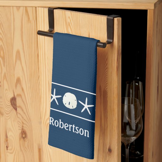 ネイビーブルースターフィッシュサンドドルコースト キッチンタオル (三つ折り)