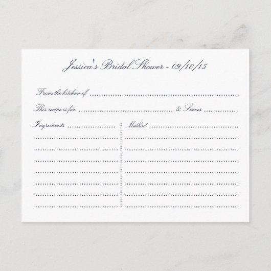 ネイビーブルースターフィッシュビーチブライダルシャワーレシピカード インビテーションポストカード (裏面)