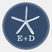 ネイビーブルースターフィッシュビーチ結婚式のお気に入り ラウンドシール (正面)