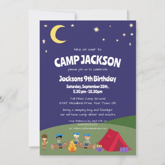 ネイビーブルースターリーナイトキャンピングバースデーパーティー 招待状 (正面)