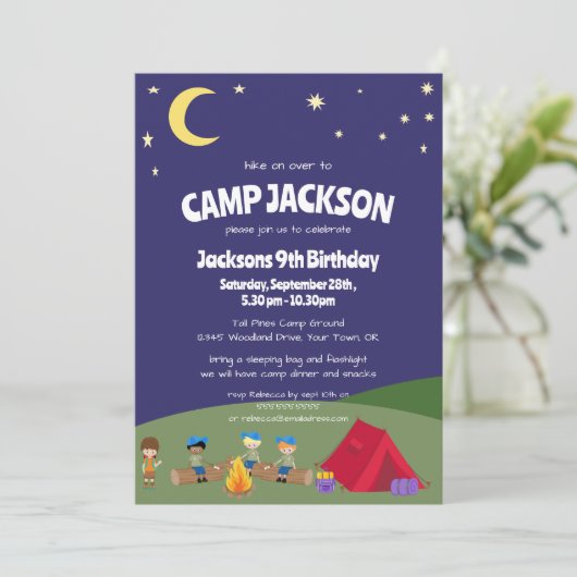 ネイビーブルースターリーナイトキャンピングバースデーパーティー 招待状 (スタンド正面)