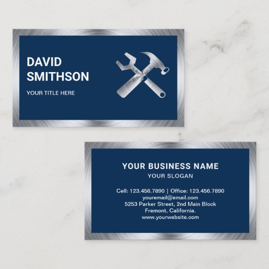 ネイビーブルースチールハンドイマン自動修理整備士 名刺 (正面/裏面)