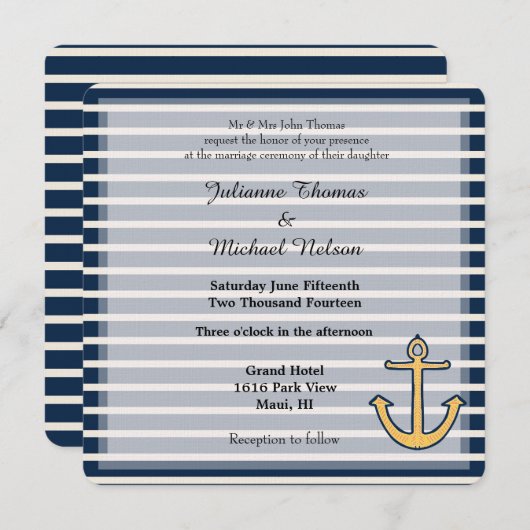 ネイビーブルーストライプいかり結婚ズ 招待状 (正面/裏面)