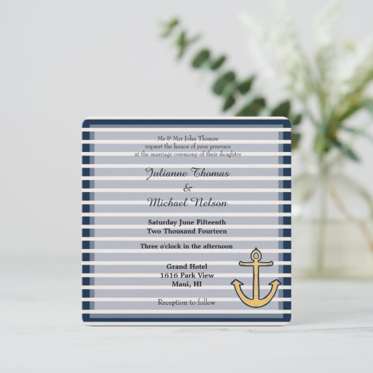 ネイビーブルーストライプいかり結婚ズ 招待状 (スタンド正面)