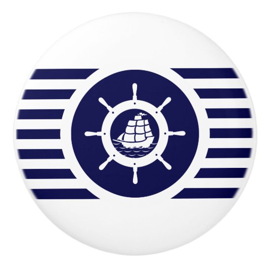 ネイビーブルーストライプと白の航海のボート セラミックノブ (正面)