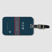 ネイビーブルーストライプの名前エレガント付き ラゲッジタグ (正面横)