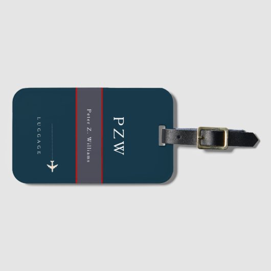 ネイビーブルーストライプの名前エレガント付き ラゲッジタグ (正面横)