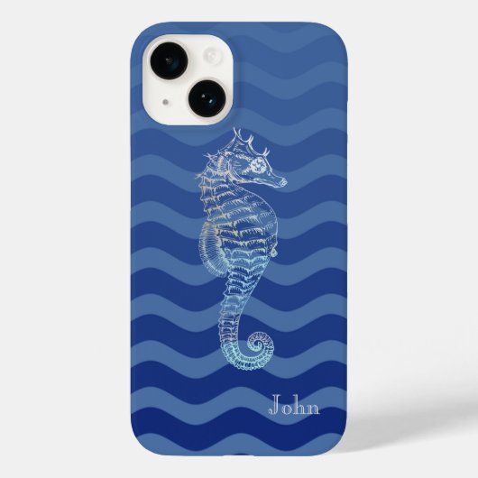 ネイビーブルーストライプの波とタツノオトシゴ Case-Mate iPhoneケース (裏面)