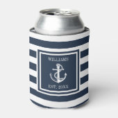 ネイビーブルーストライプの航海のいかりボートファミリー名 缶クーラー (缶正面)