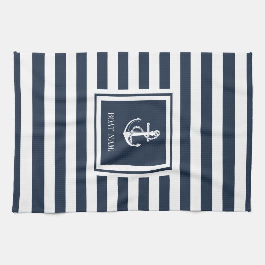 ネイビーブルーストライプの航海のいかりボート名 キッチンタオル (横)