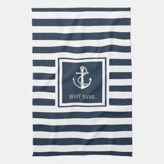 ネイビーブルーストライプの航海のいかりボート名 キッチンタオル (縦)