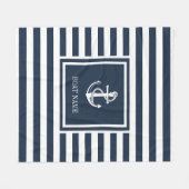 ネイビーブルーストライプの航海のいかりボート名 フリースブランケット (正面(横))