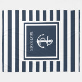ネイビーブルーストライプの航海のいかりボート名 フリースブランケット (正面(横))