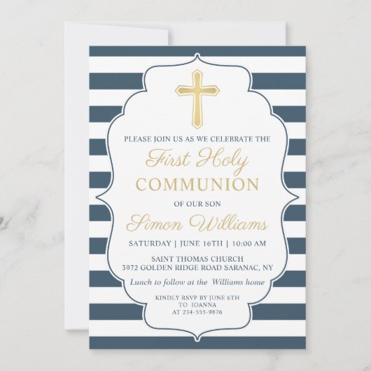ネイビーブルーストライプの金ゴールドクロス第一聖餐式 招待状 (正面)