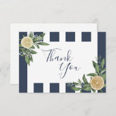 ネイビーブルーストライプウォーターカラーレモンシトラス サンキューカード (正面/裏面)