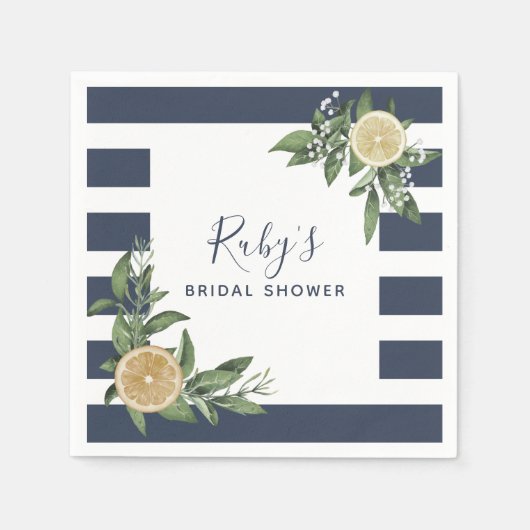 ネイビーブルーストライプウォーターカラーレモンブライダルシャワー スタンダードカクテルナプキン (正面)