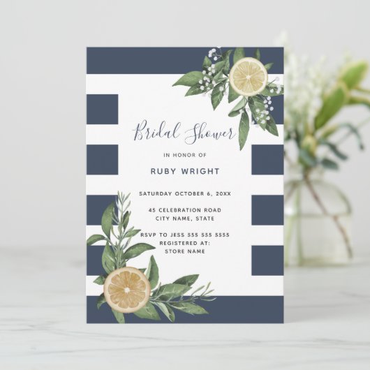 ネイビーブルーストライプウォーターカラーレモンブライダルシャワー 招待状 (スタンド正面)