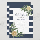 ネイビーブルーストライプウォーターカラーレモンブライダルシャワー 招待状 (正面/裏面)