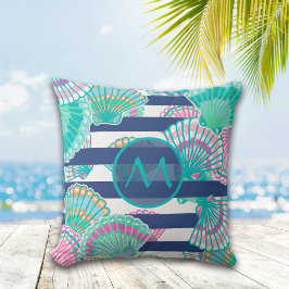 ネイビーブルーストライプシーシェルモノグラム クッション