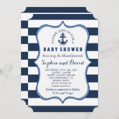 ネイビーブルーストライプテーマ航海のベビーシャワー 招待状 (正面/裏面)