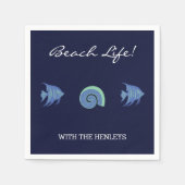 ネイビーブルーストライプビーチズファミリーネームフィッシュ スタンダードカクテルナプキン (正面)