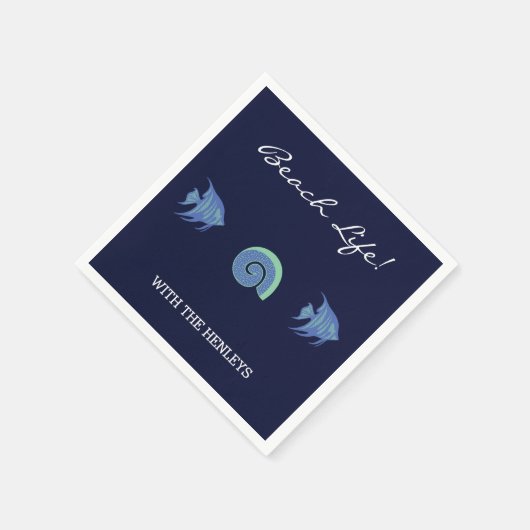 ネイビーブルーストライプビーチズファミリーネームフィッシュ スタンダードカクテルナプキン (角)