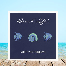 ネイビーブルーストライプビーチズファミリーネームフィッシュ スタンダードカクテルナプキン