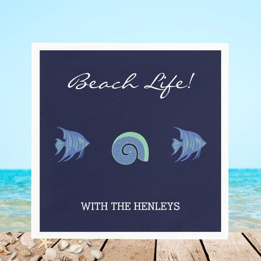 ネイビーブルーストライプビーチズファミリーネームフィッシュ スタンダードカクテルナプキン