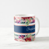 ネイビーブルーストライプフローラ名ブルゴーニュパーソナライズされたー コーヒーマグカップ (正面右)