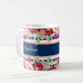 ネイビーブルーストライプフローラ名ブルゴーニュパーソナライズされたー コーヒーマグカップ (正面左)