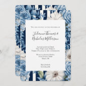 ネイビーブルーストライプフローラ結婚ズ 招待状 (正面/裏面)