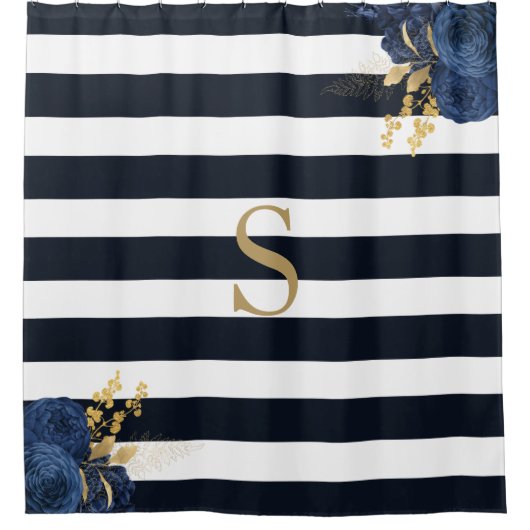 ネイビーブルーストライプフローラ金ゴールドモノグラム シャワーカーテン (正面)
