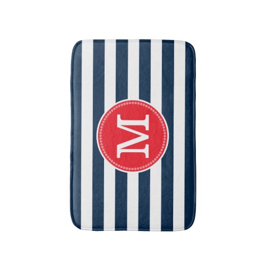 ネイビーブルーストライプホワイトミニマルはっきりしたモノグラム バスマット (正面縦)