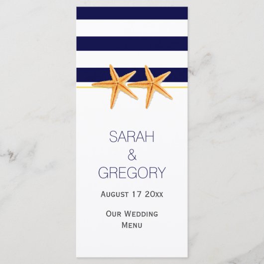 ネイビーブルーストライプホワイト結婚の名刺 メニュー (正面)