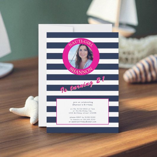 ネイビーブルーストライプホワイト誕生日21st写真 招待状