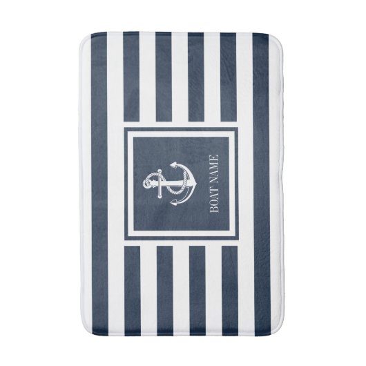 ネイビーブルーストライプボートネーム航海のいかり バスマット (正面縦)