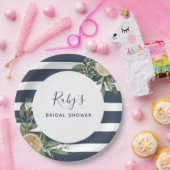 ネイビーブルーストライプレモンシトラスブライダルシャワー ペーパープレート (パーティー)