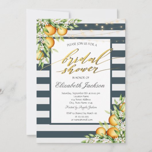 ネイビーブルーストライプレモンシトラスブライダルシャワー 招待状 (正面)