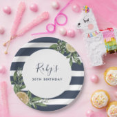 ネイビーブルーストライプレモンシトラス30任意の年齢誕生日 ペーパープレート (パーティー)