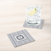 ネイビーブルーストライプヴィンテージラベルとモノグラム スクエアペーパーコースター (インサイチュ)