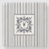 ネイビーブルーストライプヴィンテージラベルとモノグラム ストーンコースター (正面)