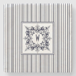 ネイビーブルーストライプヴィンテージラベルとモノグラム ストーンコースター