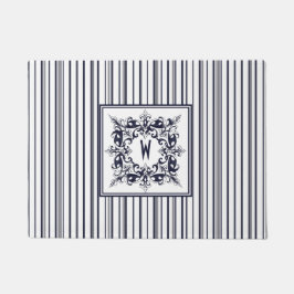 ネイビーブルーストライプヴィンテージラベルとモノグラム ドアマット