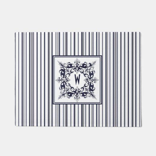 ネイビーブルーストライプヴィンテージラベルとモノグラム ドアマット (正面)
