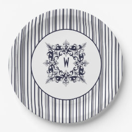 ネイビーブルーストライプヴィンテージラベルとモノグラム ペーパープレート