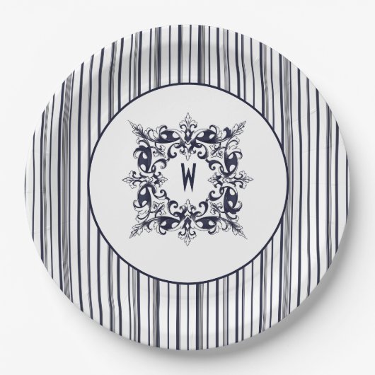 ネイビーブルーストライプヴィンテージラベルとモノグラム ペーパープレート (正面)