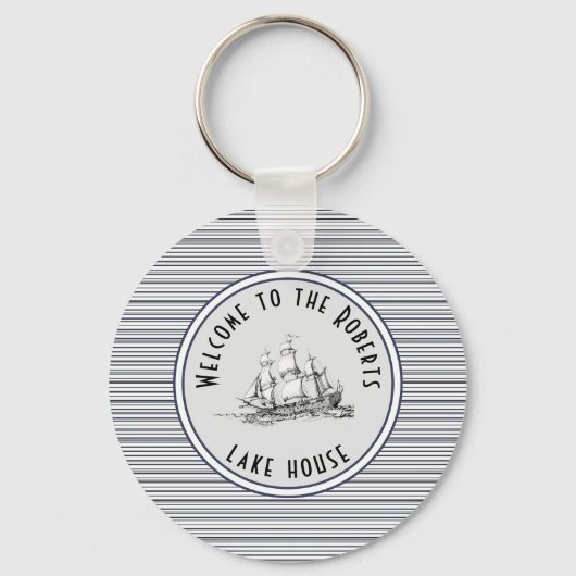 ネイビーブルーストライプヴィンテージラベルと名前 キーホルダー (正面)